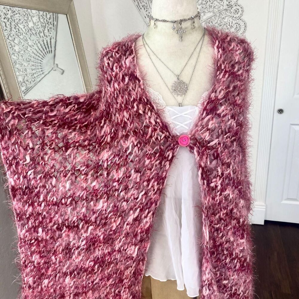 Early 2000's Pink Purple Y2K Fairycore Fuzzy Glitter Knit Heart Top Shawl OS